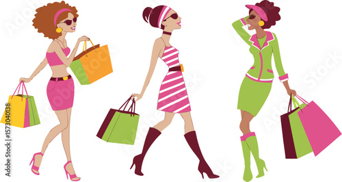 Shopping Girls. a stylish vector illustration of three fashionable young women shopping. Each woman should have a distinct outfit and pose, holding multiple colorful shopping bags.