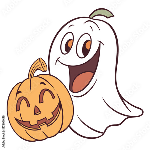 A cheerful cartoon ghost character happily holding a carved jack o lantern pumpkin with a friendly face perfect for halloween celebrations and spooky season decorations