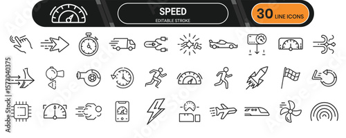 Speed icons in linear style showing motion, racing, timer, acceleration, and quick delivery for dashboard interfaces