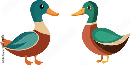 Two cartoon ducks facing each other one teal and brown one green and brown
