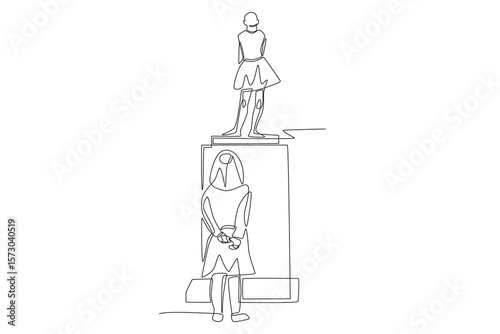 A girl looks at a statue in a museum. Visiting museums concept one-line drawing