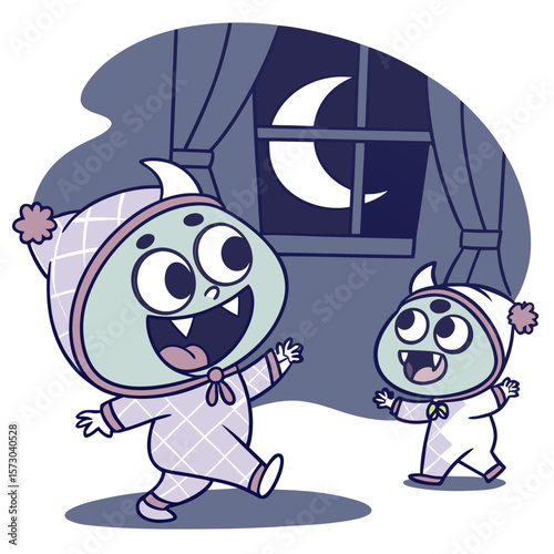 Two adorable cartoon baby monsters wearing matching pajamas and hats with pom poms are excitedly playing together indoors at night with a crescent moon visible through the window