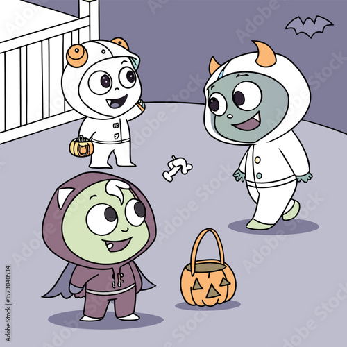 Three adorable cartoon monsters dressed in cute halloween costumes holding trick or treat candy buckets ready for a fun night of trick or treating with a bat flying in the background