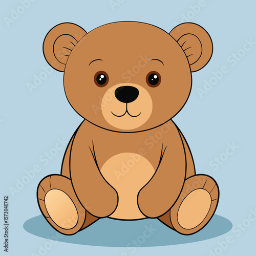 A cute brown teddy bear sits and smiles on a light blue background