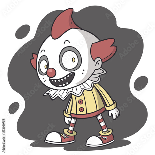 A spooky cartoon clown with a wide grin and large eyes stands against a dark abstract background ready for halloween or a scary circus performance