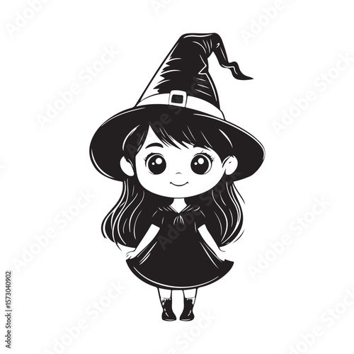 Cute, kawaii little girl dressed as a Halloween witch silhouette, Black little witch silhouette, little girl dressed as a Halloween witch vector, A silhouette of a witch girl character 