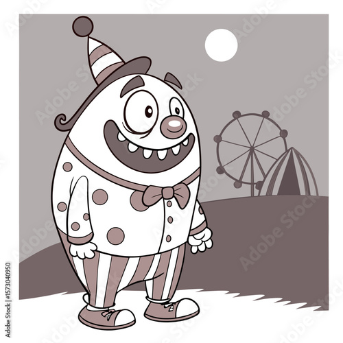 A cheerful cartoon clown with a big smile and polka dot suit stands at a carnival with a ferris wheel and tent under a full moon