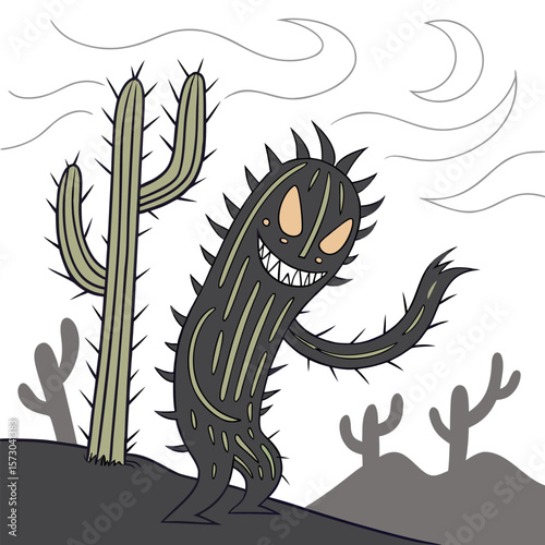 A spooky cartoon cactus monster with sharp spines and a wicked grin stands in a desert landscape under a crescent moon and wispy clouds