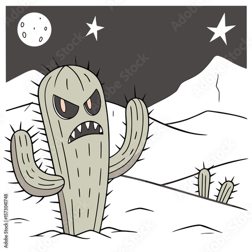 A grumpy cartoon cactus with sharp teeth and angry eyes stands in a desert landscape under a starry night sky with a crescent moon and distant mountains