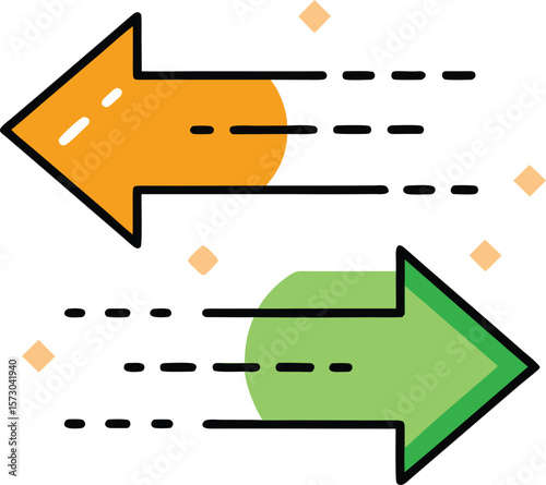 Orange and green arrows with dashed lines and diamonds vector