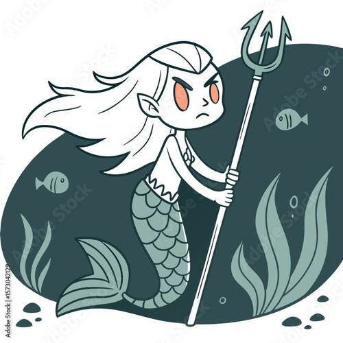 A fierce cartoon mermaid with long flowing hair and a trident stands guard in the dark ocean depths surrounded by seaweed and small fish