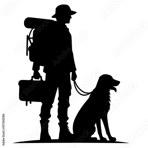Silhouette of an adventurer with his dog