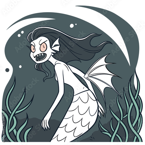 A menacing cartoon mermaid with sharp teeth and glowing pink eyes swims through dark underwater kelp with fins and a scaled tail conveying a sense of danger and mystery