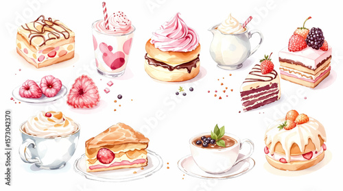Watercolor Sweet desserts pattern on white background