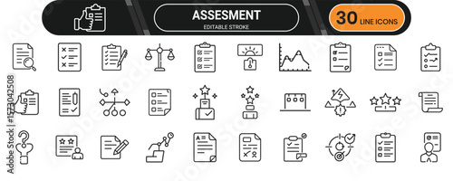 Assessment line icons covering checklist, evaluation forms, scoreboards, performance tracking, and skills audit tools