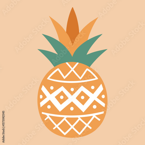 Stylized pineapple with geometric patterns and tropical leaves
