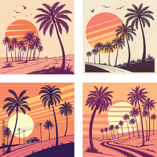 A glowing sun setting behind a row of palm trees with an 80s aesthetic. 
