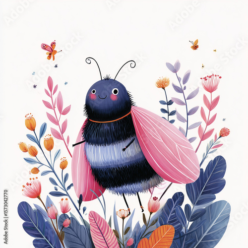 Cute cartoon bee smiling among colorful flowers in garden  