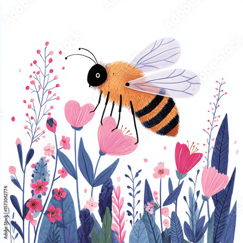 Cartoon bee flying among colorful flowers in a floral garden  