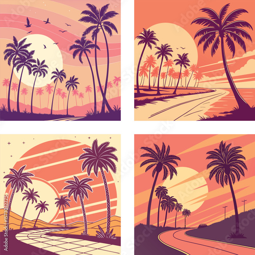 A glowing sun setting behind a row of palm trees with an 80s aesthetic. 