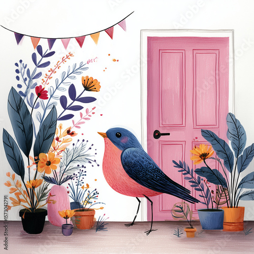 Colorful bird standing among potted plants and flowers by pink door  
