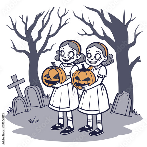 Two creepy twin girls dressed in vintage white dresses stand in a spooky graveyard holding jack o lanterns on halloween night with bare trees and tombstones surrounding them
