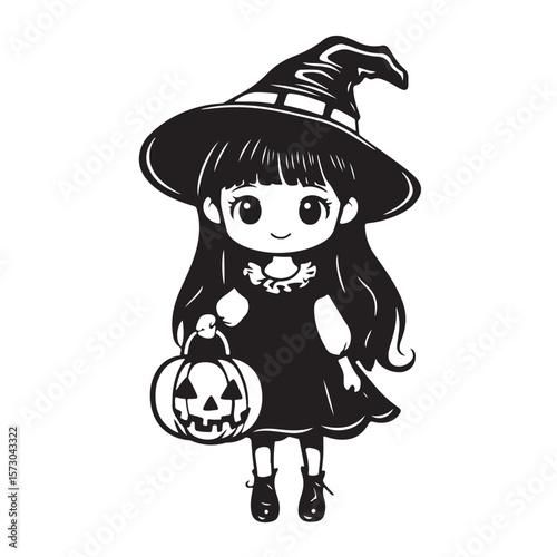 Cute, kawaii little girl dressed as a Halloween witch silhouette, Black little witch silhouette, little girl dressed as a Halloween witch vector, A silhouette of a witch girl character 