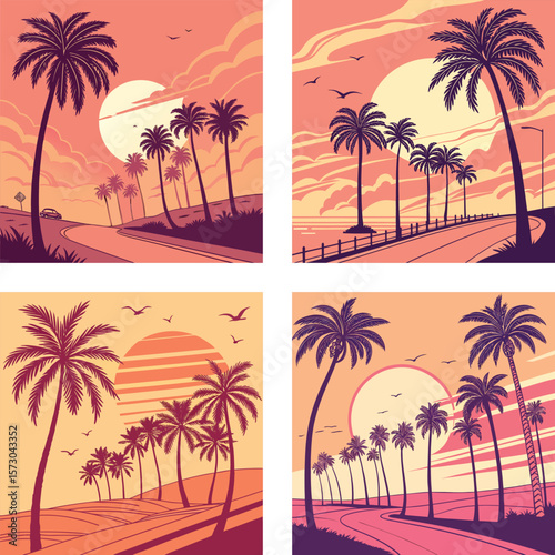 A glowing sun setting behind a row of palm trees with an 80s aesthetic. 