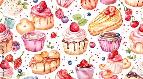 Watercolor Sweet desserts pattern on white background