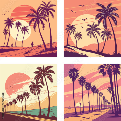 A glowing sun setting behind a row of palm trees with an 80s aesthetic. 