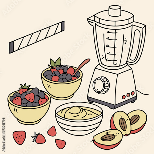 Blender with berries and healthy ingredients