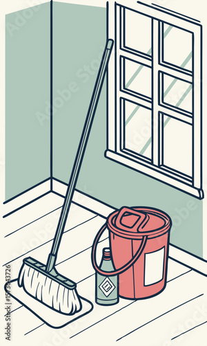 Cleaning supplies and a tidy room corner