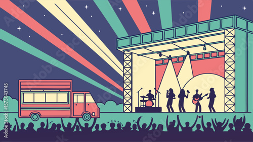 Concert stage with band and food truck scene