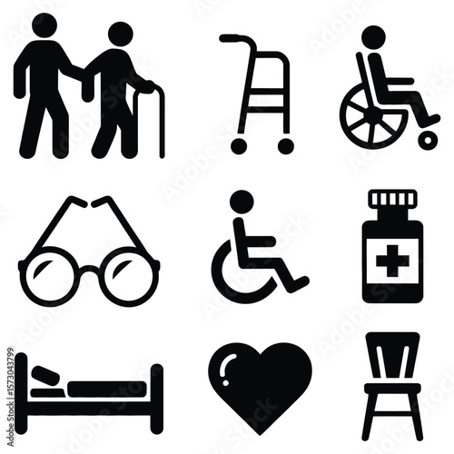 Elderly care assistance and medical symbols healthcare