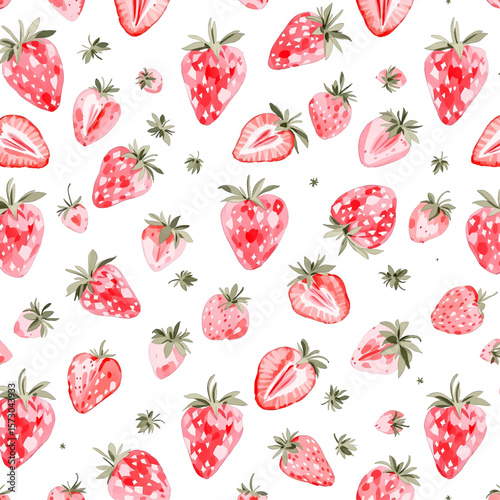  Watercolor pattern strawberries on white background
