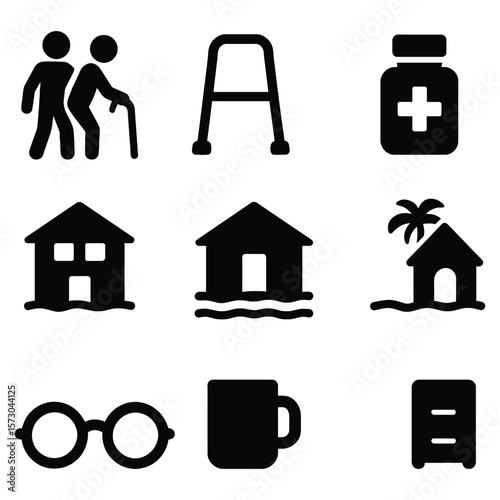 Elderly care medical travel and home icons vector