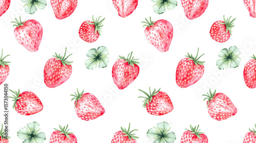  Watercolor pattern strawberries on white background