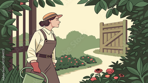 Woman gardening with watering can in lush garden