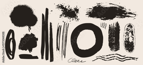 Different shapes, objects. Crayon, brush, ink, pencil, pen, paint strokes. Grunge texture set. Abstract doodle style. Hand drawn modern Vector illustration. Isolated design elements