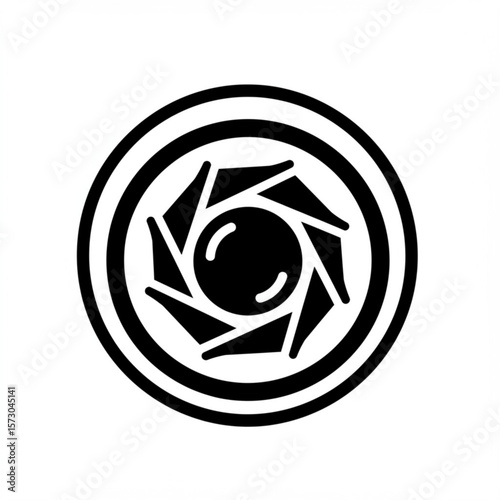 Abstract black and white icon representing a camera lens aperture blades