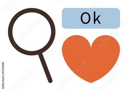 Magnifying glass next to heart and OK text. Ideal for themes thumbs up search, love, analysis, approval, exploration, positive response, emotional health. Minimal simple flat metaphor