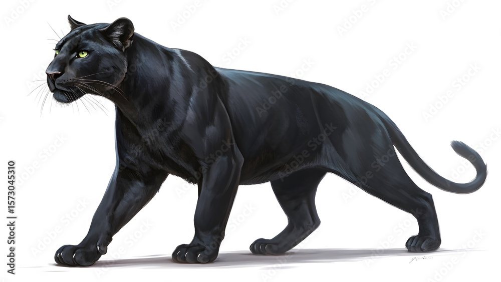 Fototapeta premium Majestic Black Panther Roaming on a White Background in Elegance