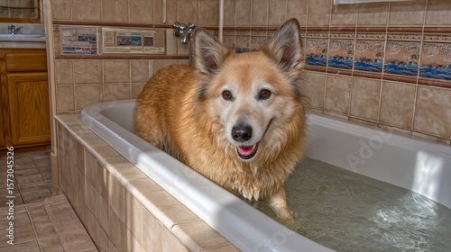 Playful dog having fun in a bright airy bathroom bathtub surrounded by sunlight and cheerful decor elements