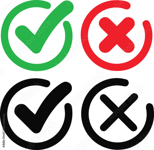 Green red black white check mark cross icons correct