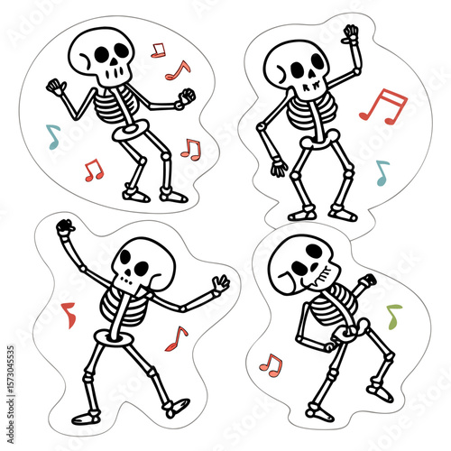 Four cheerful cartoon skeletons dancing joyfully with musical notes floating around them perfect for halloween or any fun celebration