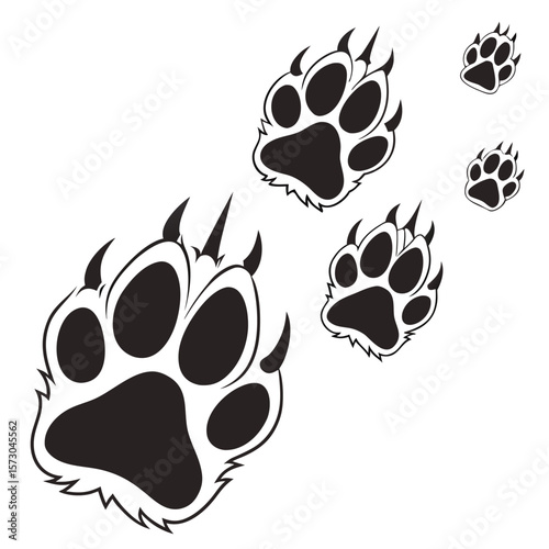 A collection of stylized black and white bear paw prints with sharp claws scattered across a clean white background suggesting movement and wild nature