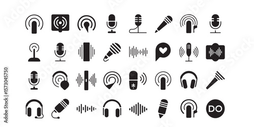 A collection of black and white podcasting icons featuring microphones and audio waves in various designs