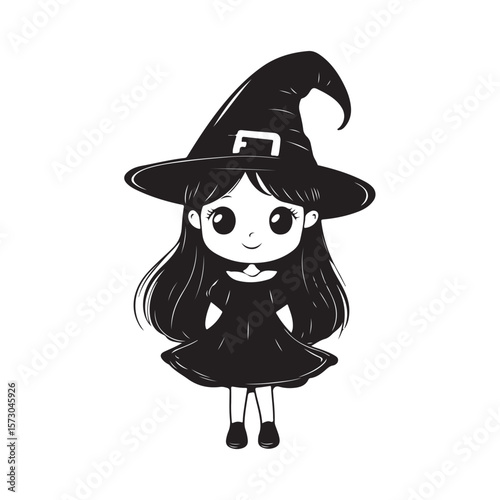 Cute, kawaii little girl dressed as a Halloween witch silhouette, Black little witch silhouette, little girl dressed as a Halloween witch vector, A silhouette of a witch girl character 