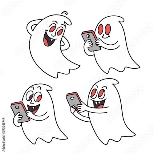 Four playful cartoon ghosts with expressive faces are happily using their smartphones showcasing modern technology and a fun halloween theme with a white background