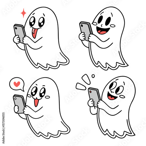 Four adorable cartoon ghosts are happily using their smartphones each with a different expression of delight and engagement with their devices perfect for digital content